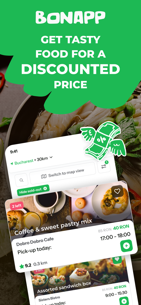 Bonapp: Save tasty food! - Bonapp mobile app interface showing discounted food packages from local restaurants and bakeries.