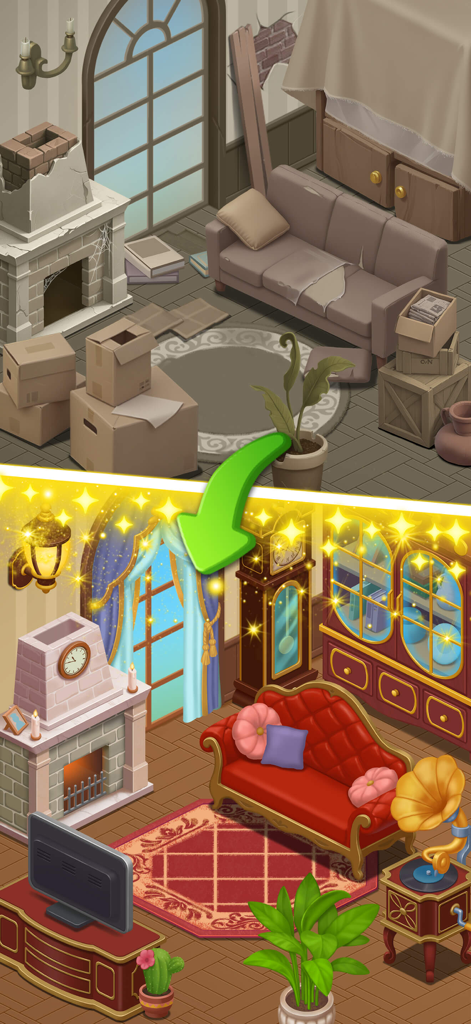 Cooking Ready - Comparación de antes y después que muestra una habitación desordenada transformándose en un acogedor espacio de estar decorado.