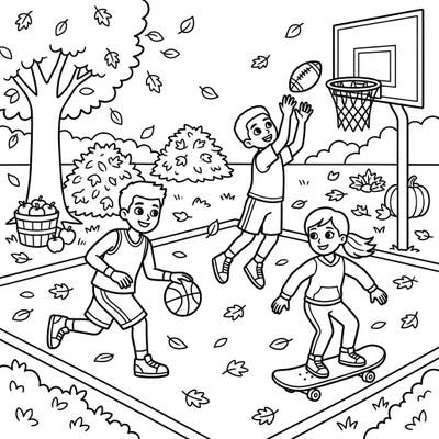 Celebrate the vibrant energy of autumn with this exciting coloring page featuring kids engaged in various sports. From dribbling basketballs to skateboarding and catching footballs, this scene captures the joy of outdoor play amidst falling leaves.