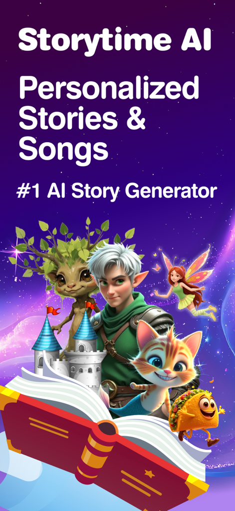 Storytime AI: Story Generator - Storytime AI app promotional screen featuring magical characters like a fairy and elf emerging from an open storybook