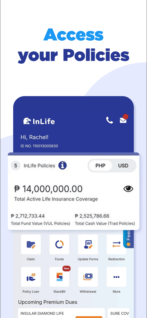InLife App - Dashboard of the InLife mobile app displaying total insurance coverage and policy management tools