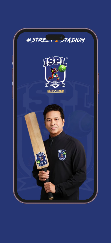 Cricket legend Sachin Tendulkar on the ISPL T10 app splash screen holding a cricket bat