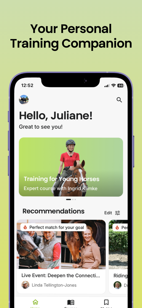 wehorse - Digital Riding Coach - Home screen of wehorse digital riding coach app showing equestrian training courses and recommendations.