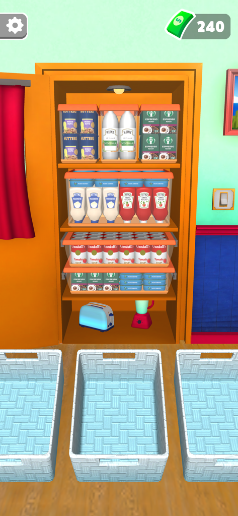 A neatly organized pantry with grocery items and shopping baskets in the Fill The Fridge mobile game
