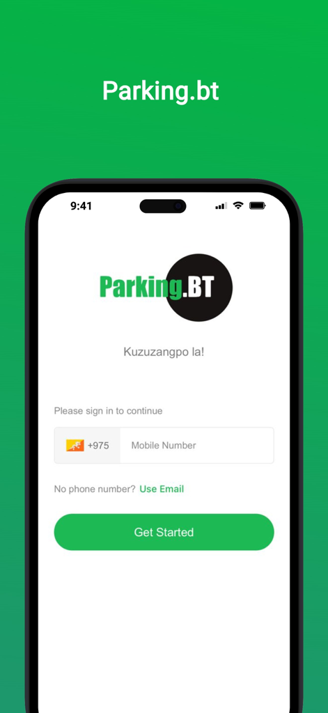 Parking.bt - Login screen of the Parking.bt app showing a mobile number input field and Get Started button