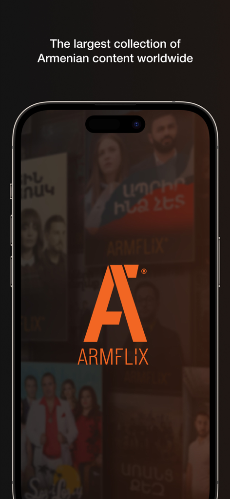 ArmFlix mobile app splash screen with the orange logo and tagline for the largest collection of Armenian content worldwide.
