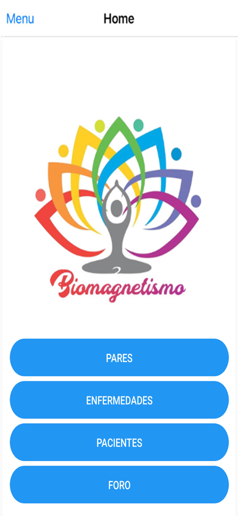Biomagnetismo - Pantalla de inicio de la aplicación Biomagnetismo con botones de menú para pares, enfermedades, pacientes y foro