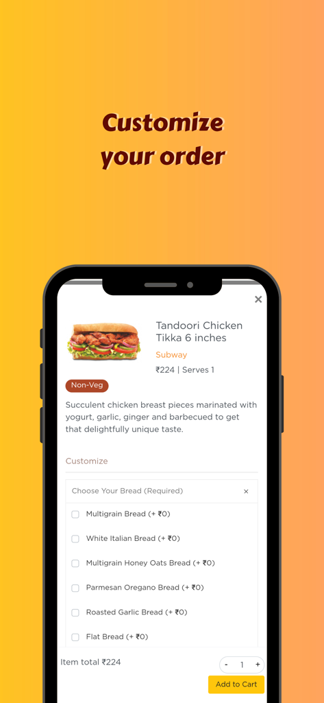 CloudKitch Food@Work - Mobile app screen for CloudKitch showing customization options for a Subway sandwich order.