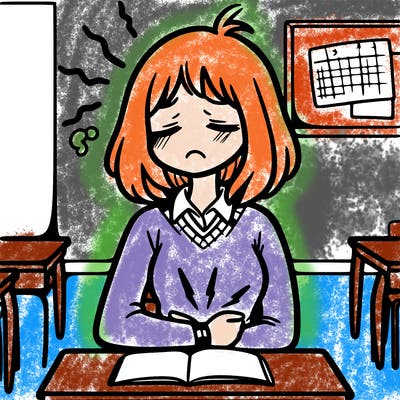 female college student having a stomach ache during class