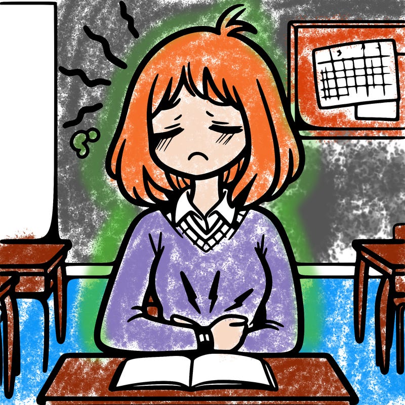 female college student having a stomach ache during class