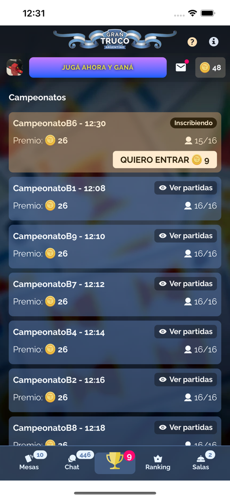 Gran Truco Argentino - A list of daily championships in the Gran Truco Argentino mobile app showing prizes and entry requirements