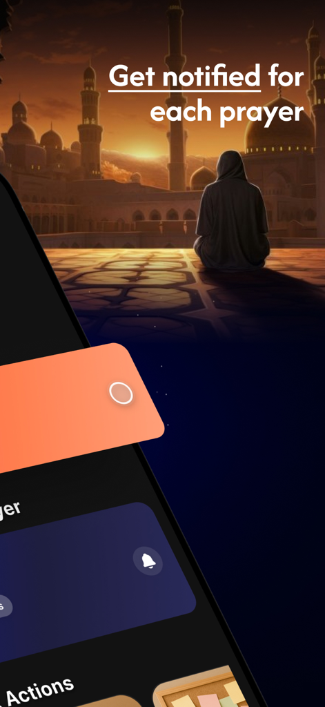 Huda: The App For Muslims - A person praying at sunset with a mosque in the background and text about prayer notifications in the Huda app