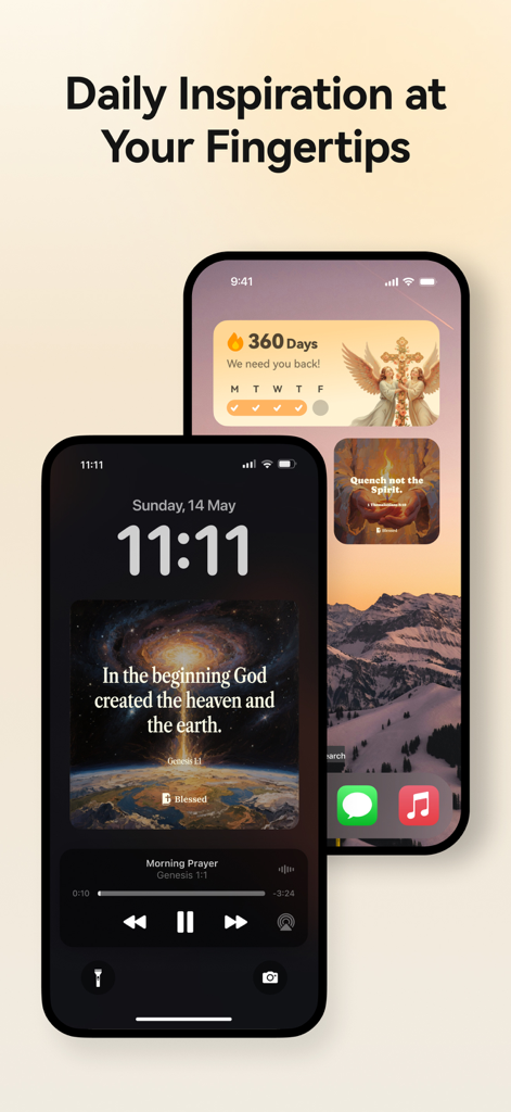 Blessed app interface featuring daily Bible verse widgets and prayer streak tracking on iPhone