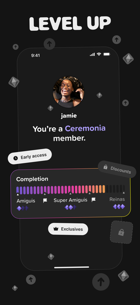 User interface of the TYB app showing a member profile with a completion progress bar for brand rewards and exclusive access