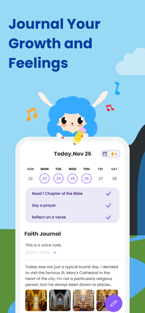 FaithTime: Devotion&Community - The FaithTime app journal screen showing a daily devotional checklist and personal reflections.