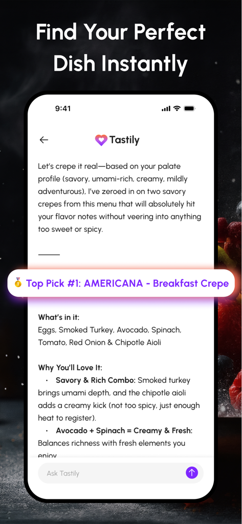 Tastily - Eat Out Smarter - Tastily app interface showing a personalized AI dish recommendation for a breakfast crepe based on user palate profile