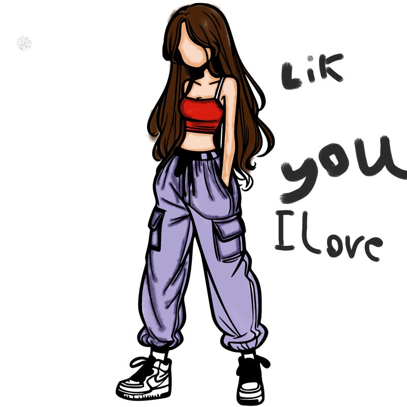 girl in baggy pants crop top and long hair