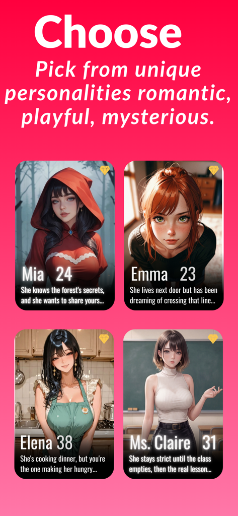 Ourdream: AI Companion - Ourdream AI Companion app screen showing diverse female character profiles and personalities