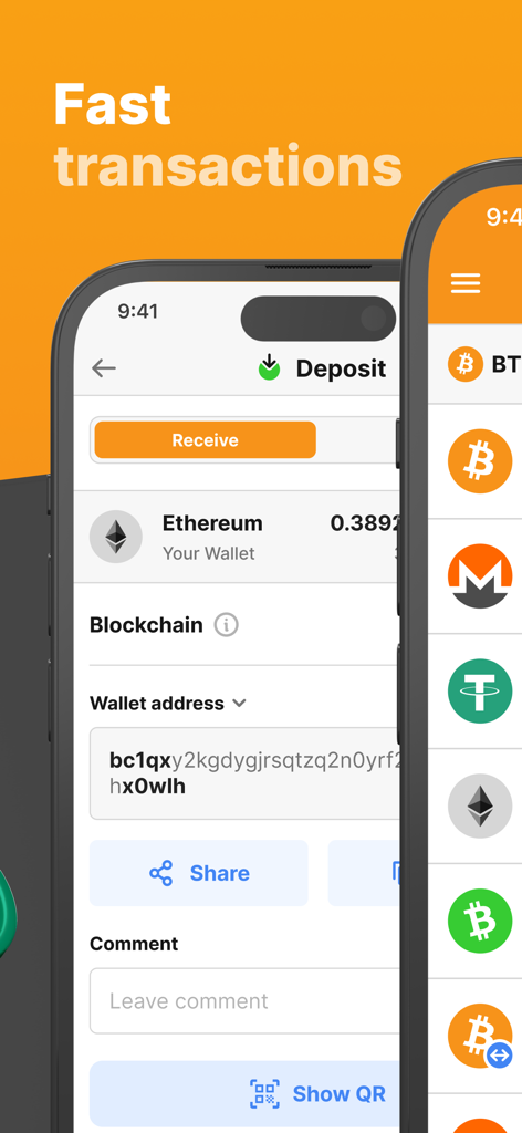 NC Wallet mobile app interface showing Ethereum deposit screen and fast transaction options