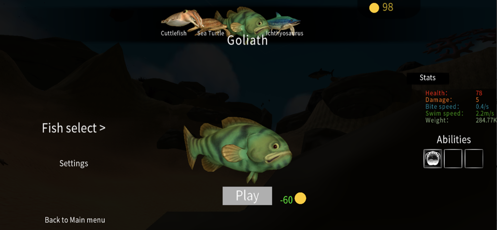 Fish selection menu in 3D Fish Growing 2020 showing the Goliath fish and its game stats.