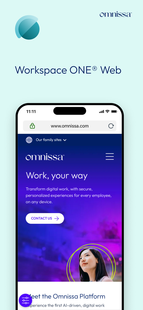 Interface do aplicativo Workspace ONE Web da Omnissa mostrando um site corporativo seguro em um dispositivo móvel