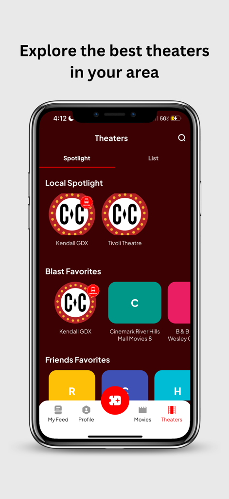 Blast Movie App - Interface de l'application Blast Movie montrant la page de découverte des cinémas avec des projecteurs de cinéma locaux et des lieux préférés.