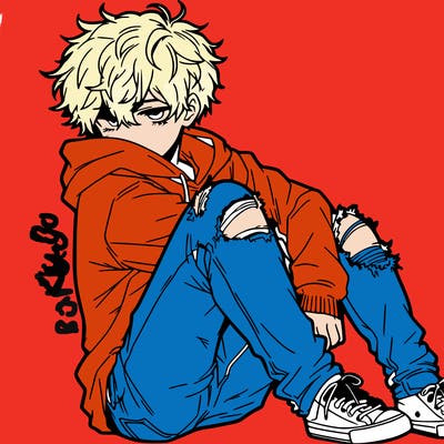 a male hoddie ripped jeans messy hair anime