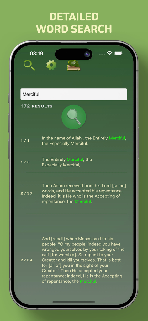 Offline Quran Audio Reader Pro - A detailed word search interface in the Offline Quran Audio Reader Pro app displaying search results for the word Merciful within the Quranic text.