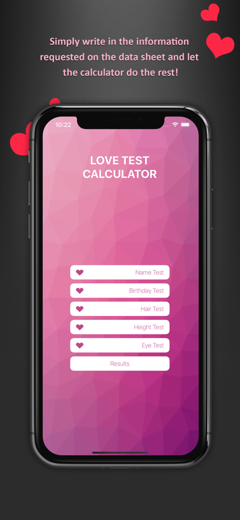 Love Calculator Prank - Interfaz de la aplicación Broma de Calculadora de Amor en un smartphone mostrando diferentes categorías de prueba como nombre y fecha de nacimiento