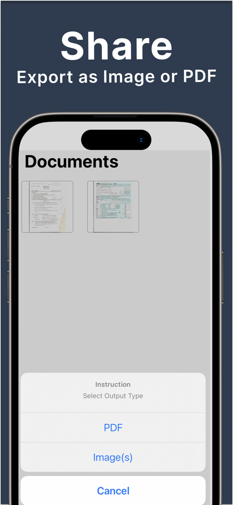 Oberfläche einer Dokumenten-Scan-App, die die Option zum Exportieren von Scans als PDF- oder Bilddateien zeigt