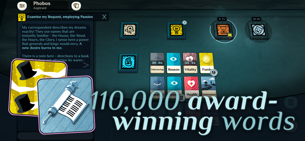 Gameplay screenshot of Cultist Simulator showing card-based mechanics and the text 110000 award-winning words