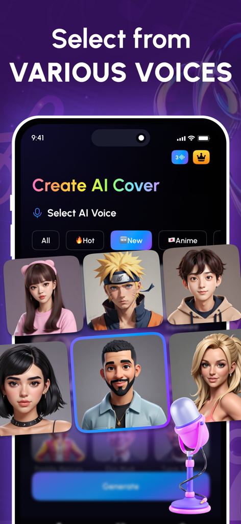 AI Cover – Hit Songs Creator - Interfaz de la aplicación AI Cover mostrando una cuadrícula de varios avatares de personajes para seleccionar una voz con IA