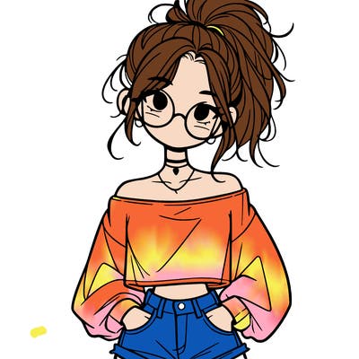 girl with a messy ponytail glasses a baggy crop top and jean shorts