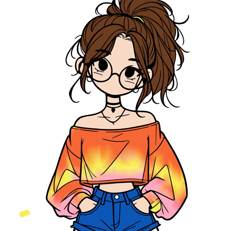girl with a messy ponytail glasses a baggy crop top and jean shorts