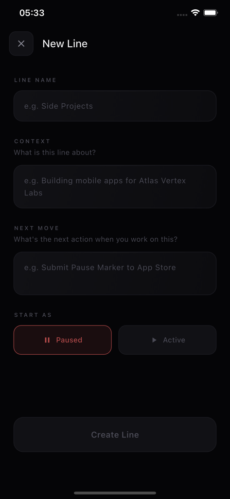 Interface for creating a new execution line in the Pause Marker productivity app.