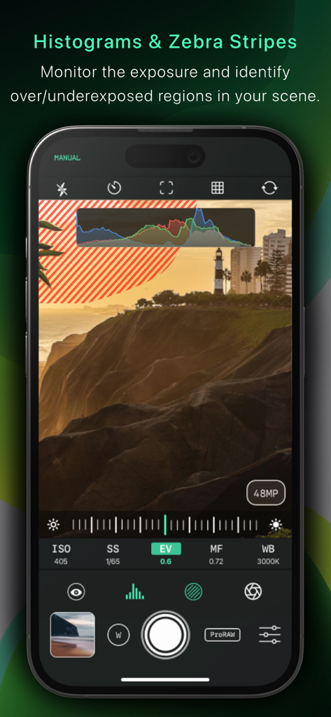 Pro Camera Reeflex app interface displaying live histograms and zebra stripes for exposure monitoring on a coastal scene.