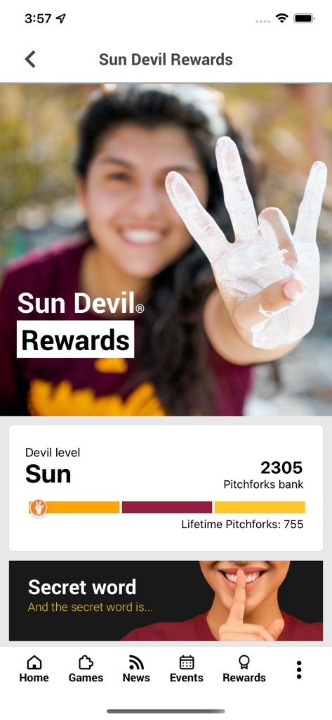 ASU mobile app dashboard for the Sun Devil Rewards program displaying earned pitchforks and student rewards status