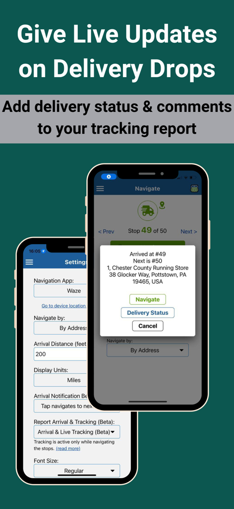 MyRoute app interface showing live delivery updates and tracking report settings