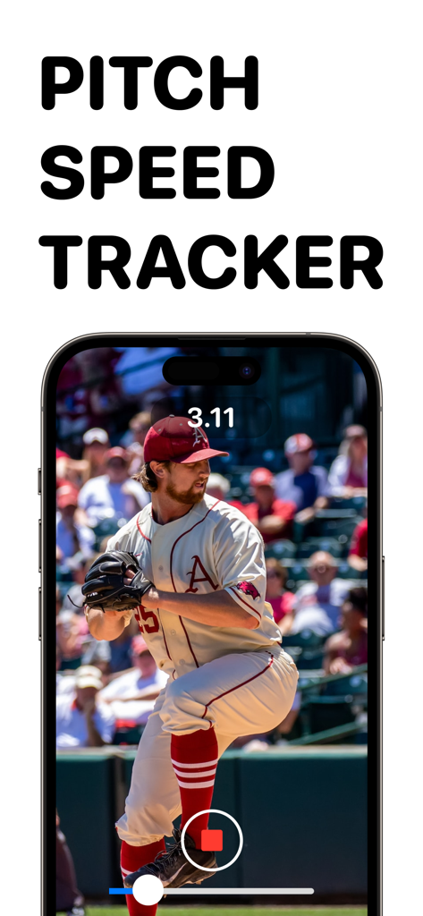 Smartphone screen showing pitch speed tracker interface with a baseball pitcher
