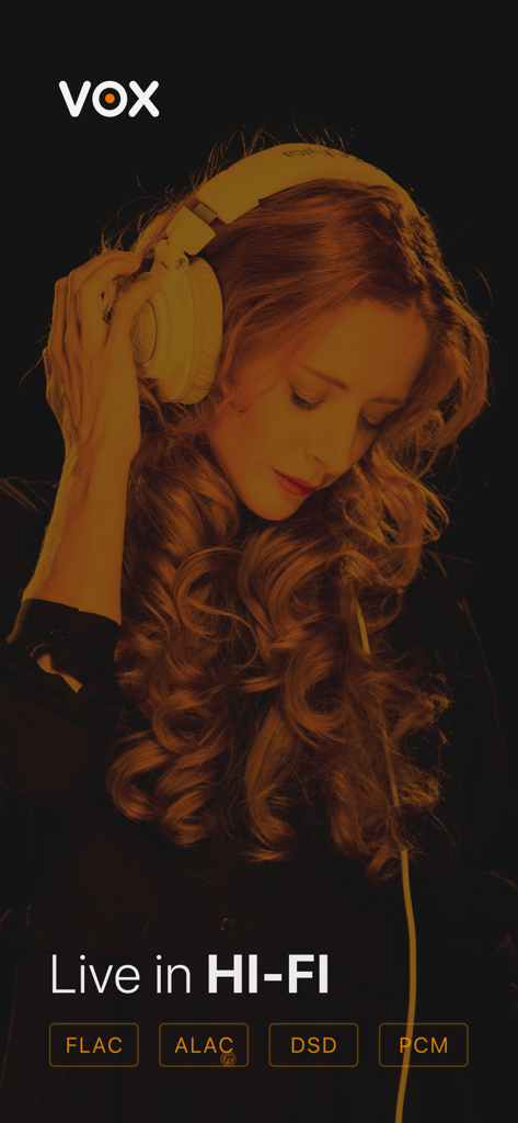 VOX – MP3 & FLAC Music Player - A woman wearing professional headphones listening to high fidelity music formats like FLAC and ALAC on the VOX app.