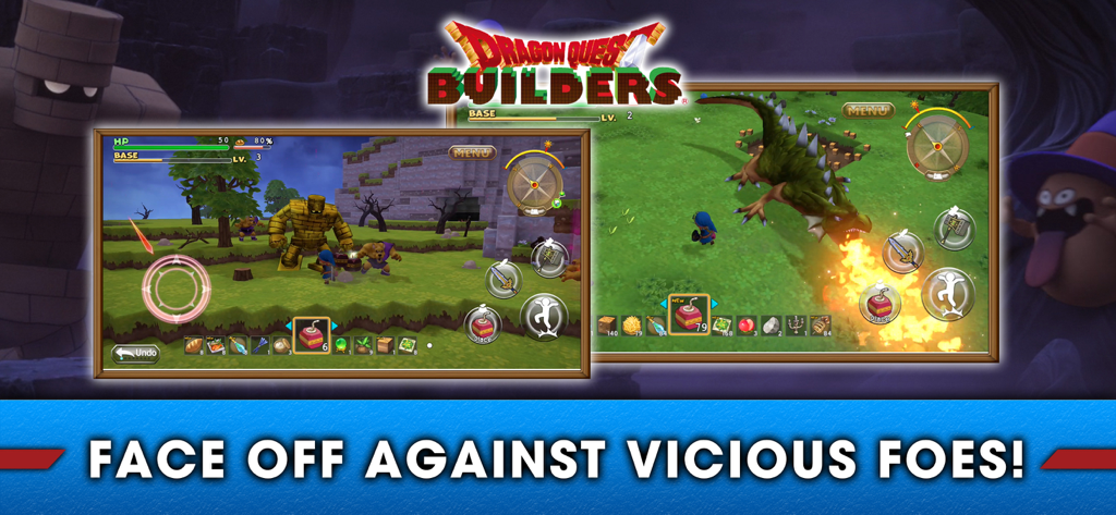 DRAGON QUEST BUILDERS - Dragon Quest Builders gameplay showing combat with a golem and a dragon.