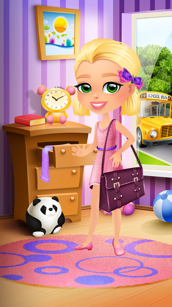 Ava Grows Up - Makeup, Makeover, Dressup Girl Game - Ava from the Ava Grows Up game standing in her bedroom ready for her first day of school with a school bus visible outside the window