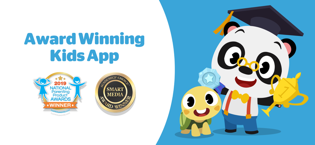 Dr. Panda - Learn & Play - Dr. Panda and Toto characters with trophies and badges for educational app awards