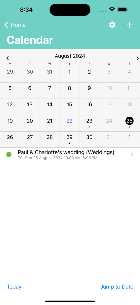 Light Blueアプリのカレンダービュー。スケジュールされた結婚式の撮影が表示されています。
