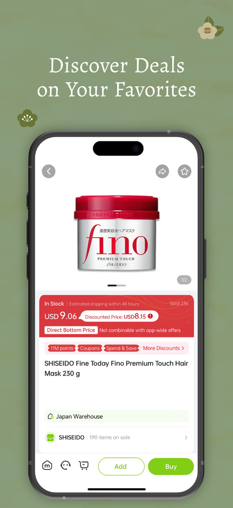 MiauMall - Direct from Japan - Página de detalles del producto de la mascarilla para el cabello Shiseido Fino Premium Touch en la aplicación MiauMall.