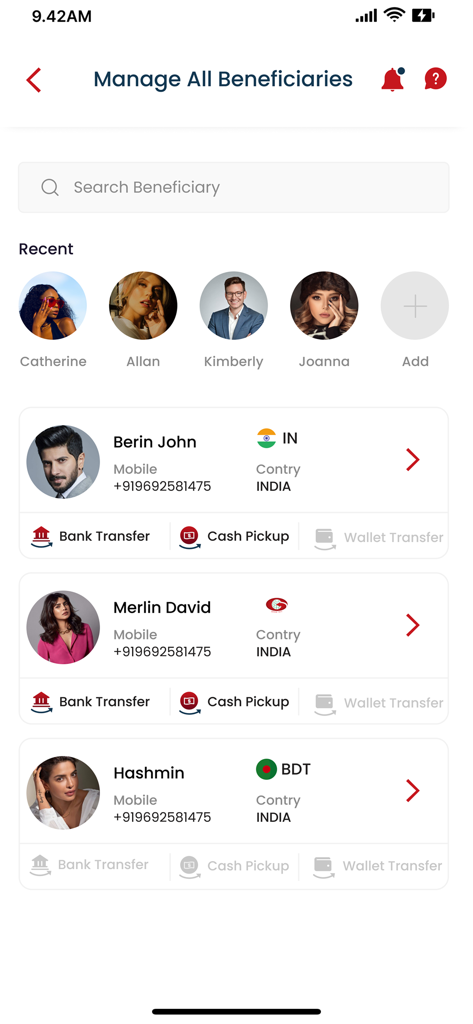 Gulf Exchange App - Gulf Exchange app interface for managing international money transfer beneficiaries
