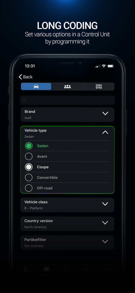 OBDeleven app interface for car long coding and vehicle configuration