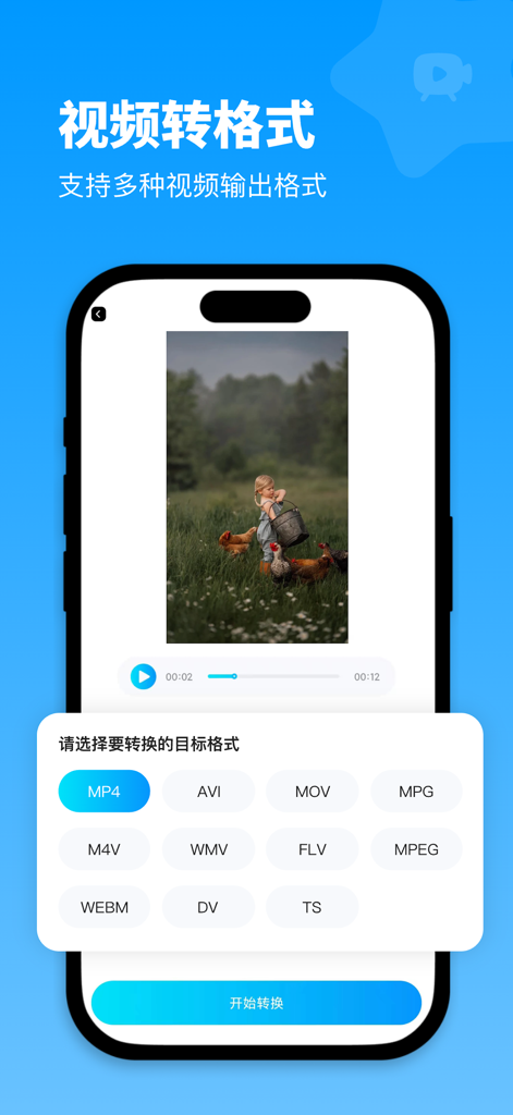 Smartphone screen showing video format conversion options including MP4 AVI and MOV