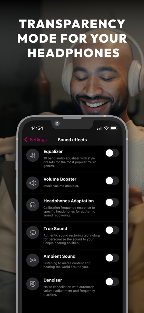 Una pantalla de aplicación móvil para efectos de sonido de auriculares que incluyen modos de transparencia y sonido ambiental