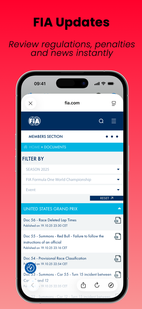 SpeedTrack F1 Widgets - SpeedTrack F1 app screen displaying official FIA documents and race updates